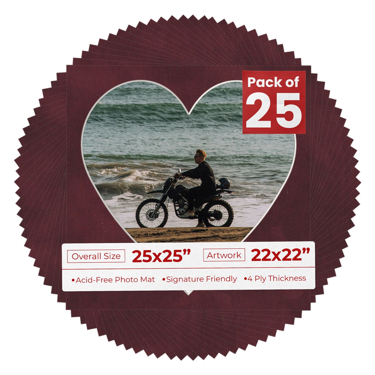 Dark Red Suede Mat Board for 25x25 Frames - Heart Opening for 22x22 Photos